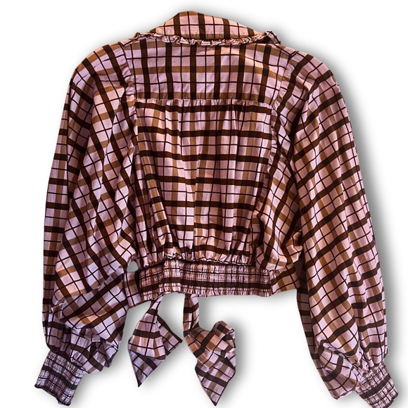 Anthropologie Maeve Bubble Sleeve Tie Front Babydoll Blouse Pink Plaid XS EUC - Picture 4 of 6